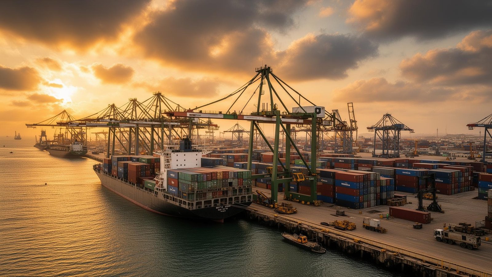 Container ship berthed at a port terminal, with gantry cranes and stacked containers at sunset